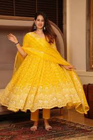long anarkali yellow colour